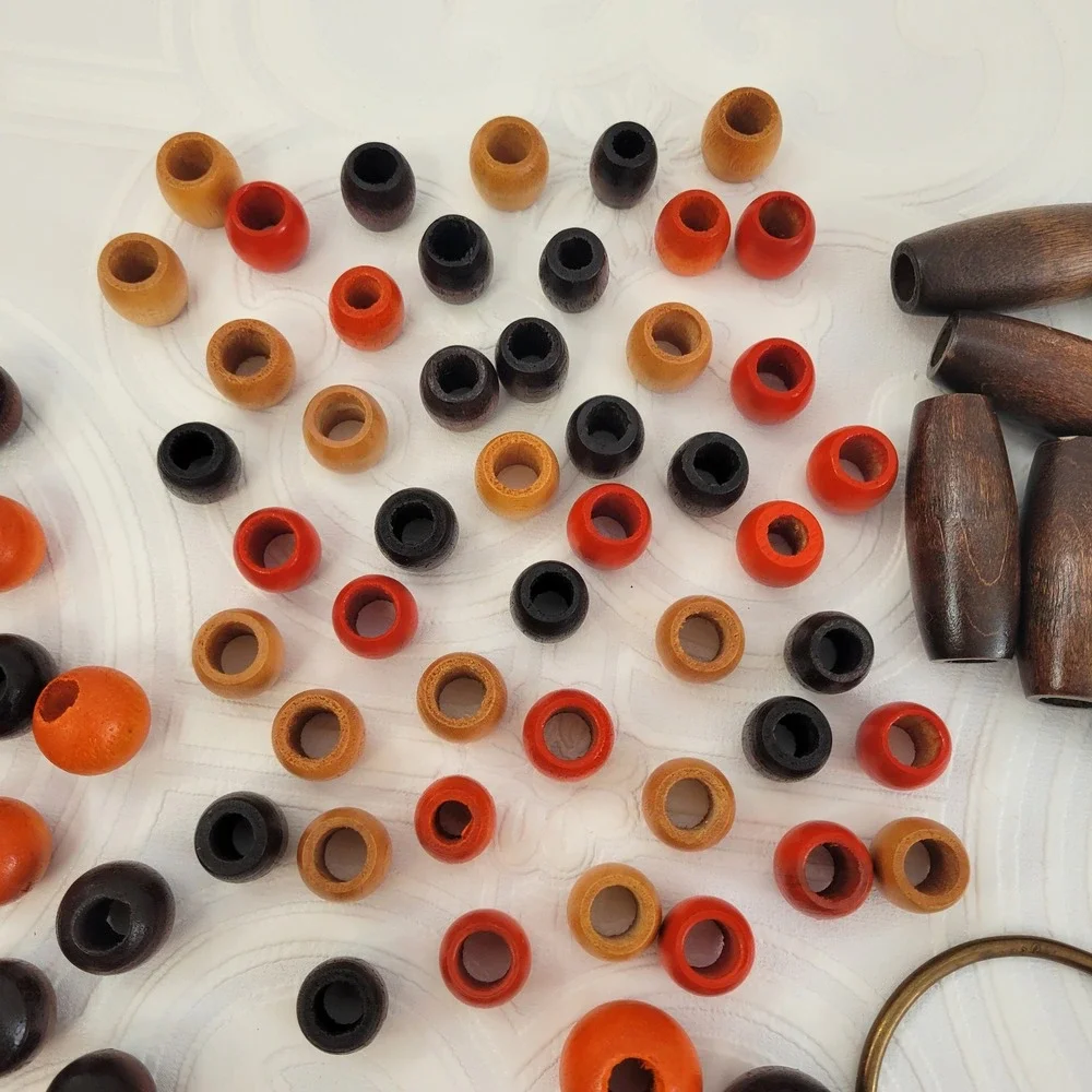 Vintage Macrame Jewelry Crafting Wood Bead Lot 88 Beads‎ Metal Ring MCM